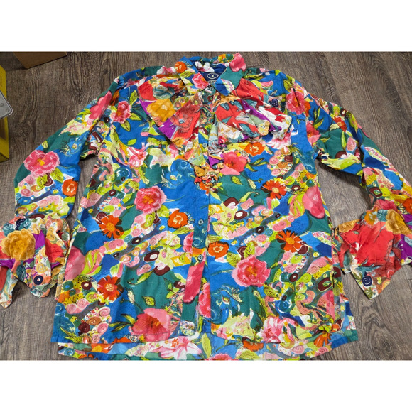 I AM Vintage Ruffle Neck Belle Sleeve Button Front Boho Multicolor Blouse S - Picture 1 of 6